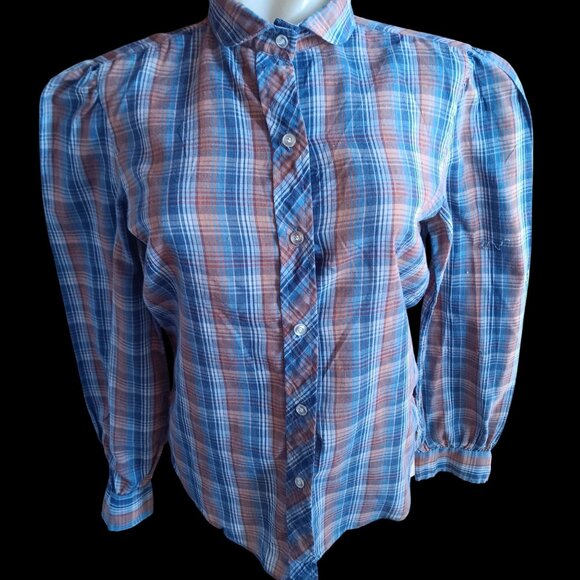 Vintage Women's Medium Boho Blouse 70's Step Up Plaid Puff Sleeve Shirt USA - Picture 2 of 7